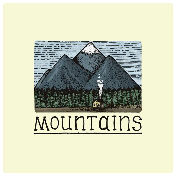 Montagnes avec maison et forêt gravée, illustration vectorielle dessinée à la main en bois style scratchboard, dessin vintage — Image vectorielle