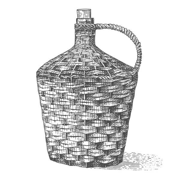 Vino viejo tradicional botella trenzada dibujado a mano grabado viejo buscando ilustración vintage — Archivo Imágenes Vectoriales