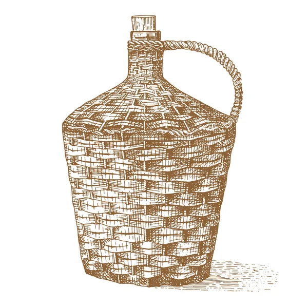 Wina starych tradycyjnych butelka plecione ręcznie rysowane grawerowane stare wyglądające vintage ilustracji — Wektor stockowy