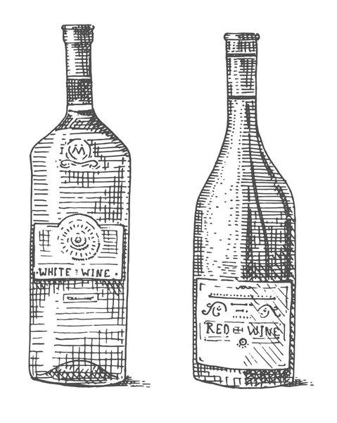 Bottiglia di vino disegnato a mano inciso vecchio cercando illustrazione vintage — Vettoriale Stock