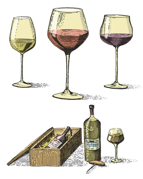 Fles wijn in doos met kurkentrekker en boom bekers of glazen hand getekende gegraveerde oud uitziende vintage illustratie — Stockvector