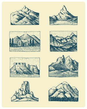 8 farklı rozetleri işlemeli, dağlar, elle çizilmiş, ayarla veya kroki tarzı içerir logolar için kamp, hiking. vintage, eski arıyor