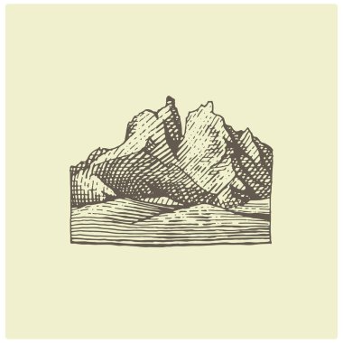 dağlar ile oyulmuş vintage logo elinde çizilmiş kroki tarzı, Milli Parklar ve kamp, için retro rozet Alp ve hiking Tema arıyorum eski