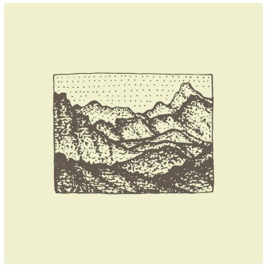 dağlar ile oyulmuş vintage logo elinde çizilmiş kroki tarzı, Milli Parklar ve kamp, için retro rozet Alp ve hiking Tema arıyorum eski