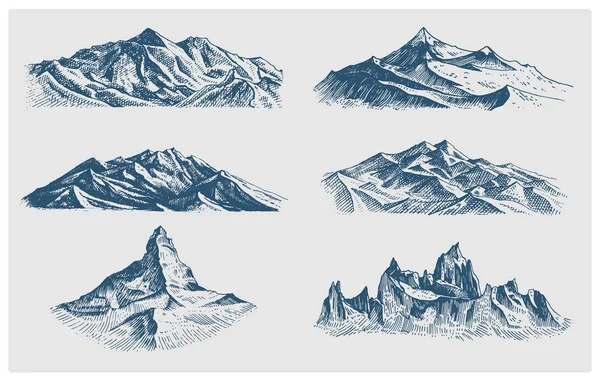 Μεγάλο σύνολο των βουνών κορυφές, παλιάς χρονολογίας, παλιά αναζητούν χέρι, σκίτσο ή χαραγμένο στυλ, διαφορετικές εκδόσεις για πεζοπορία, ορειβασία. — Διανυσματικό Αρχείο