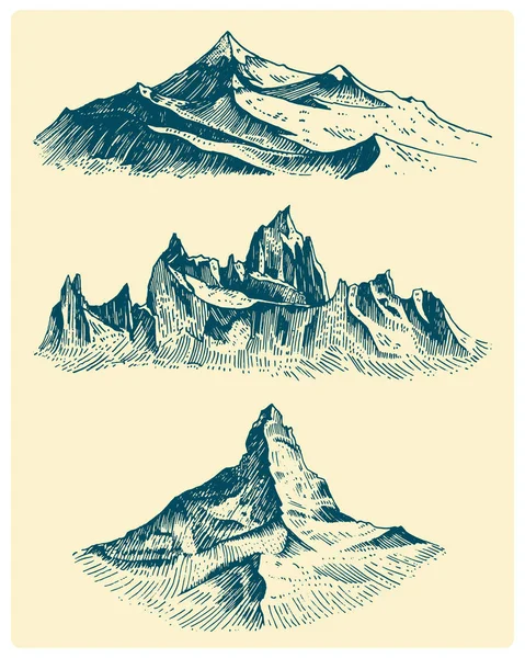 Big set of mountains peaks, vintage, old looking hand drawn, sketch or engraved style, different versions for hiking, climbing. — Stock Vector