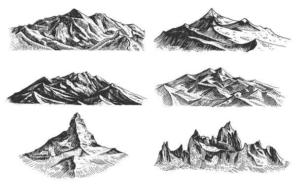 Große Gruppe von Berggipfeln, Vintage, alt aussehend, handgezeichnet, Skizze oder Gravur, verschiedene Versionen zum Wandern, Klettern. — Stockvektor