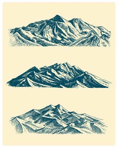 大套的山脉的山峰，复古，老看手绘、 素描或刻的样式，徒步旅行，登山的不同版本. — 图库矢量图片