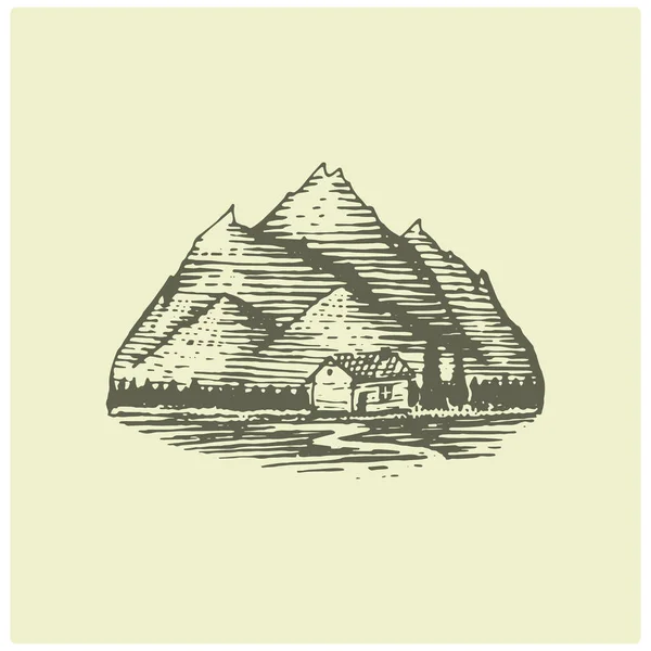 Гравірований старовинний логотип з горами в руці намальований, стиль ескізу, старий ретро значок для національних парків і кемпінгу, альпійська та пішохідна тема — стоковий вектор