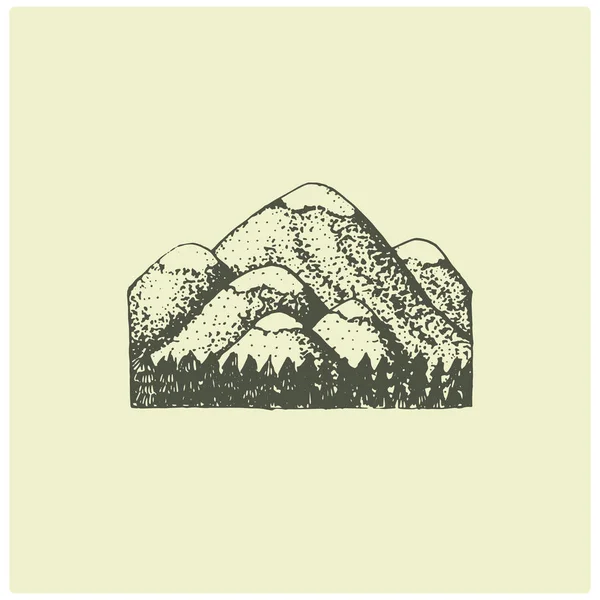 Dağlar ile oyulmuş vintage logo elinde çizilmiş kroki tarzı, Milli Parklar ve kamp, için retro rozet Alp ve hiking Tema arıyorum eski — Stok Vektör
