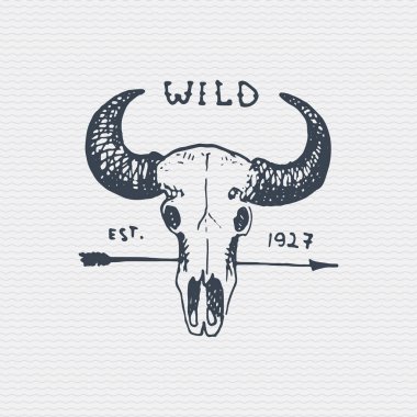 vintage engraved badge, label with buffalo skull, hand drawn old logo clipart
