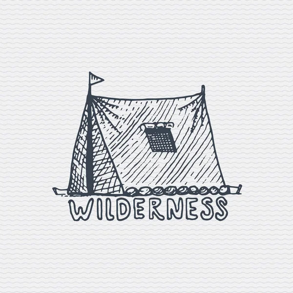 Vintage eski logo veya rozeti, etiket oyulmuş ve eski elle çizilmiş stili ile kamp çadırı