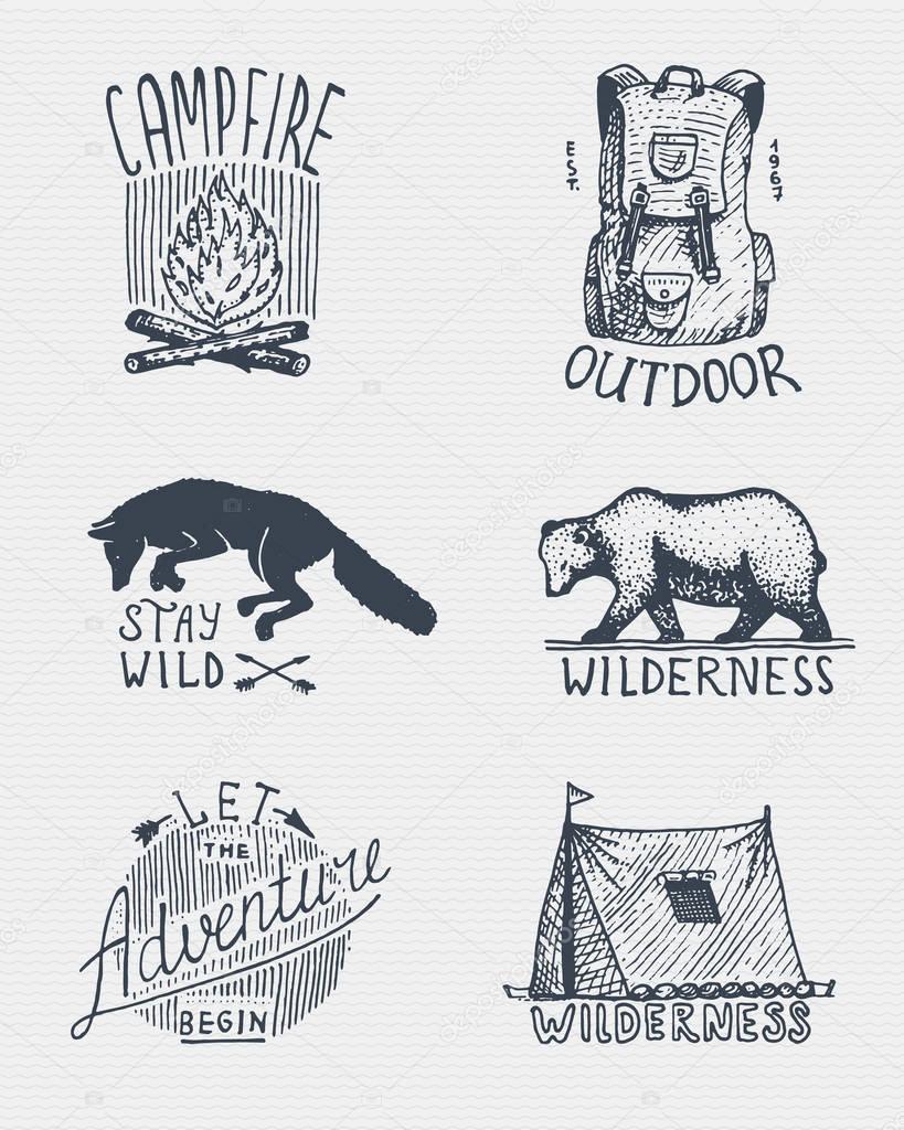 set of engraved vintage, hand drawn, old, labels or badges for camping, hiking, hunting with campfire, backpack and wolf, grizzly bear with tent