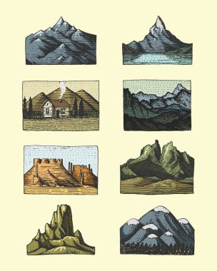oyulmuş vintage, el çekilmiş, eski, etiket veya kamp, hiking, güneyden kuzeye dağ zirveleri ile avcılık için rozetleri kümesi