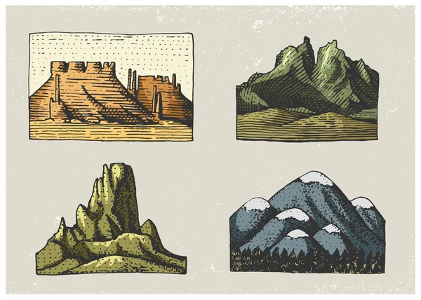 Set gravierte Jahrgänge, handgezeichnet, alt, Etiketten oder Abzeichen für Zelten, Wandern, Jagen mit Berggipfeln, von Süden nach Norden — Stockvektor