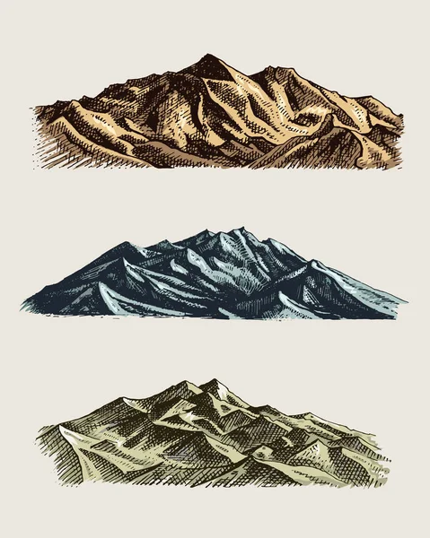 Jahrgang, alte Gravur mit Berggipfeln in Handzeichnung Skizzenstil verschiedene Versionen und Farben — Stockvektor