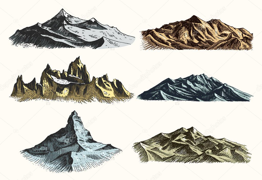 set of vintage, old engraving with mountains peaks in hand drawh sketch style different versions and colors