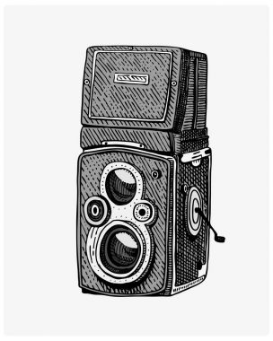 Fotoğraf kamera vintage, oyulmuş elle çizilmiş kroki veya stil, retro lens arıyorum eski kesim ahşap vektör gerçekçi illüstrasyon izole
