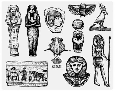 Mısır sembolleri, pharaon, scorob, hiyeroglif ve osiris kafa, Tanrı vintage, oyulmuş elle çizilmiş kroki veya stil, retro, arayan eski kesim ahşap vektör gerçekçi illüstrasyon izole.
