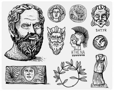 Antik Yunanistan, antik semboller Sokrates kafa, defne çelengi, athena heykeli ve Satir yüz paralar vintage, oyulmuş elle çizilmiş kroki veya stil, retro görünümlü eski kesip odun