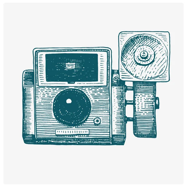 Fotocamera vintage, inciso a mano disegnato in stile schizzo o legno tagliato, vecchio obiettivo retrò cercando, isolato vettoriale illustrazione realistica — Vettoriale Stock