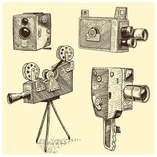 Photo movie or film camera vintage, engraved, hand drawn in sketch or wood cut style, old looking retro lens, isolated vector realistic illustration — Stock Vector