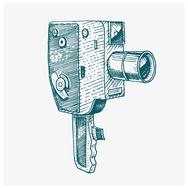 Photo movie or film camera vintage, engraved, hand drawn in sketch or wood cut style, old looking retro lens, isolated vector realistic illustration — Stock Vector