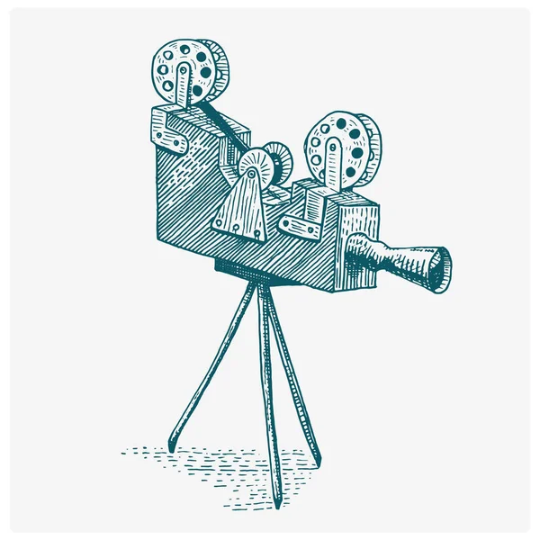 Película fotográfica o cámara de película vintage, grabada, dibujada a mano en estilo de boceto o corte de madera, lente retro de aspecto antiguo, ilustración realista vectorial aislada — Vector de stock