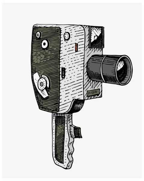 Fotocamera da film o pellicola vintage, incisa, disegnata a mano in stile schizzo o legno, obiettivo retrò dall'aspetto antico, illustrazione realistica vettoriale isolata — Vettoriale Stock