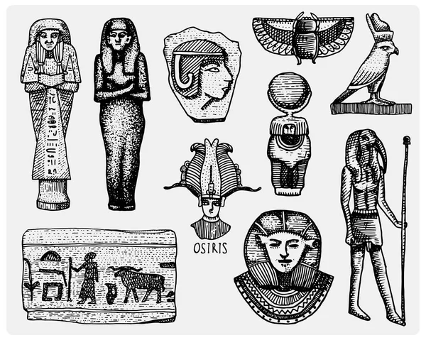 エジプトのシンボル、ファラオン、scorob、象形文字とオシリスの頭、神ヴィンテージ、スケッチやカット スタイル、レトロな探している古い木で刻まれた手書き分離ベクトル現実的なイラスト. — ストックベクタ
