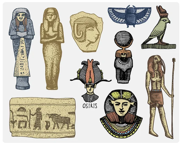 Ägyptische Symbole, Pharaon, Skorob, Hieroglyphen und Osiriskopf, Götterjahrgang, handgravierte Skizze oder Holzschnitt, alt aussehendes Retro, isolierte Vektordarstellung. — Stockvektor