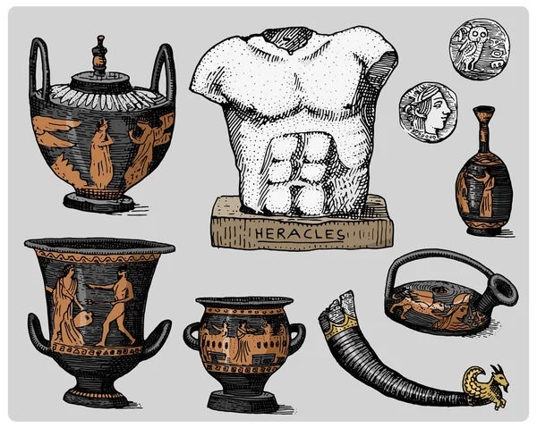 Grecia antigua, símbolos antiguos, monedas griegas, escultura de heracles, añada de la ánfora, mano grabada dibujada en estilo del bosquejo o del corte de madera, viejo mirando retro, ilustración realista aislada del vector . — Archivo Imágenes Vectoriales