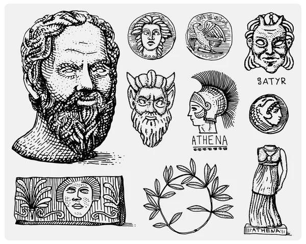 Grèce antique, symboles antiques Socrate tête, couronne de laurier, statue athéna et visage de satyre avec pièces vintage, gravé à la main dessiné dans un croquis ou un style de coupe de bois, ancien look rétro — Image vectorielle