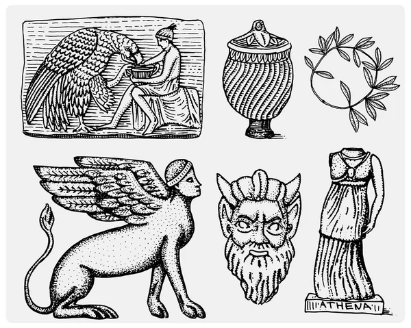 Antigua Grecia, símbolos antiguos Ganímedes y ánfora de águila, jarrón, estatua de Atenea y máscara de sátiro vintage, mano grabada dibujada en boceto o estilo de corte de madera, aspecto antiguo retro, aislado  . — Vector de stock