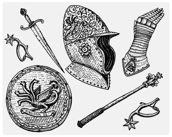 Symboles médiévaux, Casque et gants, bouclier avec dragon et épée, couteau et masse, éperon vintage, gravé à la main dessiné dans le style esquisse ou coupe de bois, vieux rétro — Image vectorielle