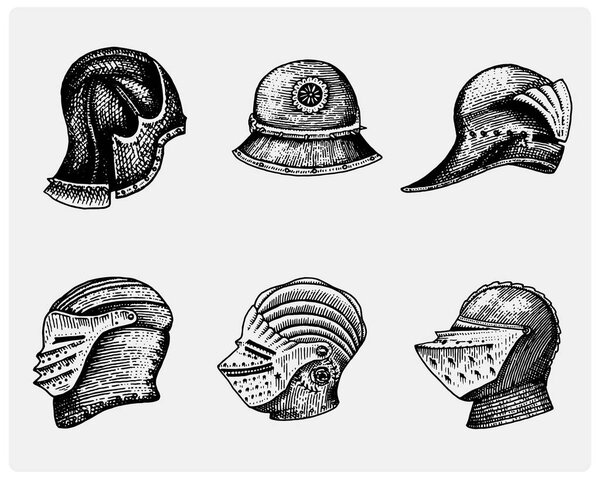 set of medieval symbols Battle Helmets for knights or kings, vintage, engraved hand drawn in sketch or wood cut style, old looking retro roman.