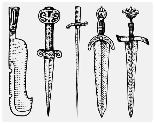 medieval symbols big set of swords, knife and mace vintage, engraved hand drawn in sketch or wood cut style, old looking retro, isolated vector realistic illustration, heraldic.