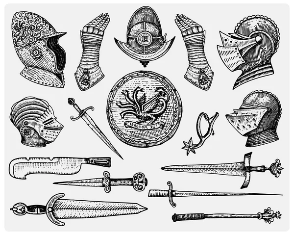 Großes Set mittelalterlicher Symbole, Helm und Handschuhe, Schild mit Drachen und Schwert, Messer und Keule, Spornjahrgang, handgraviert in Skizze oder Holzschnitt, altmodisch — Stockvektor