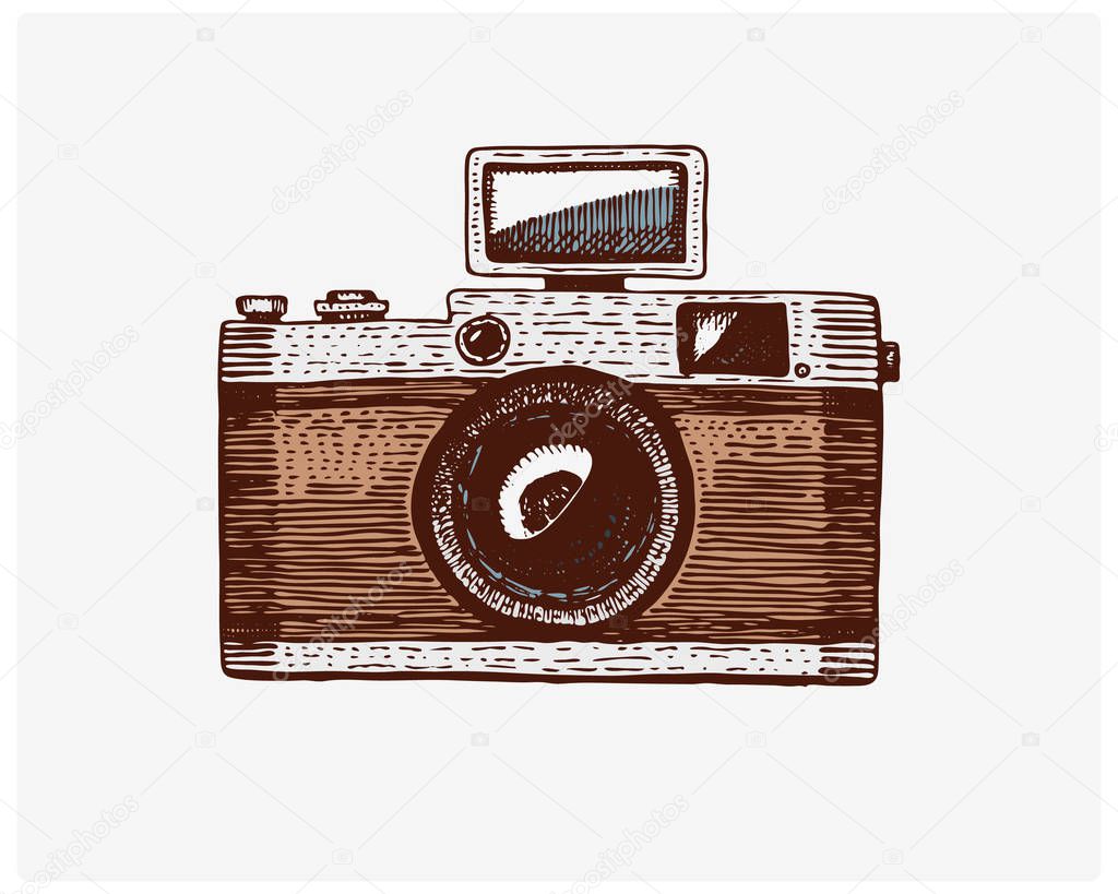 Photo camera vintage, engraved hand drawn in sketch or wood cut style, old looking retro lens, isolated vector realistic illustration