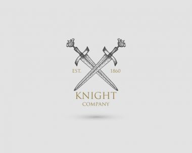 Kılıç Logo, ortaçağ Şövalyesi hançer antika vintage sembolü, oyulmuş elle çizilmiş kroki veya ahşap kesim tarzı, retro görünümlü eski