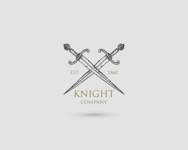 Kılıç Logo, ortaçağ Şövalyesi hançer antika vintage sembolü, oyulmuş elle çizilmiş kroki veya ahşap kesim tarzı, retro görünümlü eski