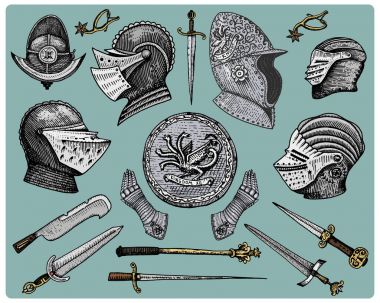 Orta Çağ sembolleri, kask ve eldiven, kalkan ejderha ve kılıç, bıçak ve topuz, mahmuz vintage, oyulmuş elle çizilmiş kroki veya stil, retro görünümlü eski kesim ahşap ile