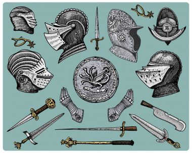 Orta Çağ sembolleri, kask ve eldiven, kalkan ejderha ve kılıç, bıçak ve topuz, mahmuz vintage, oyulmuş elle çizilmiş kroki veya stil, retro görünümlü eski kesim ahşap ile