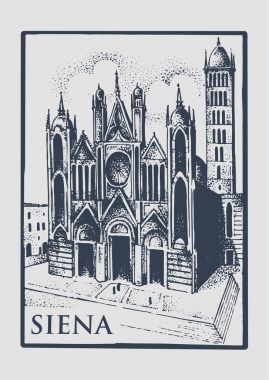 Siena, Tuskany, İtalya eski görünümlü vintage elle çizilmiş kilisede Gotical kazınmış illüstrasyon Binası ve şehrin katedral duomo sembolü ile di siena
