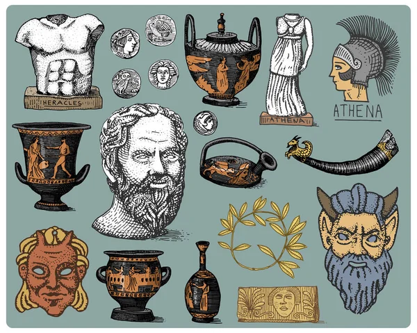 Altgriechenland, antike Symbole Sokratenkopf, Lorbeerkranz, Athena-Statue und Satyr-Gesicht mit Münzen, Amphore, Vase, Herakles-Jahrgang, handgeschnitzte Skizze oder Holzschnitt, alt . — Stockvektor