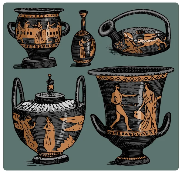 Grèce antique, ensemble d'amphores antiques, vase avec scènes de vie vintage, gravé à la main dessiné dans un croquis ou un style de coupe de bois, vieux rétro — Image vectorielle