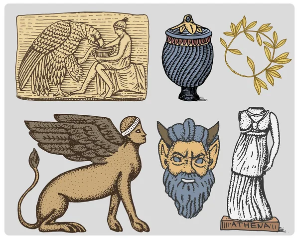 Antikes Griechenland, antike Symbole Ganymed und Adler-Anphora, Vase, Athena-Statue und Satyr-Maske Vintage, handgraviert im Skizzen- oder Holzschnitt-Stil, alt aussehend retro, isoliert . — Stockvektor