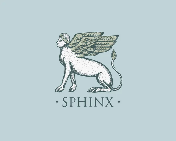 Логотип Сфинкса Древняя Греция, старинный символ винтажа, выгравированная рука, выполненная в стиле эскиза или резки дерева, старинное ретро — стоковый вектор