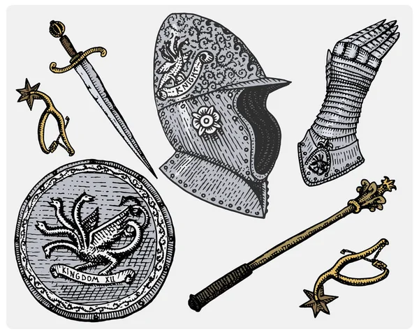 Symboles médiévaux, Casque et gants, bouclier avec dragon et épée, couteau et masse, éperon vintage, gravé à la main dessiné dans le style esquisse ou coupe de bois, vieux rétro — Image vectorielle