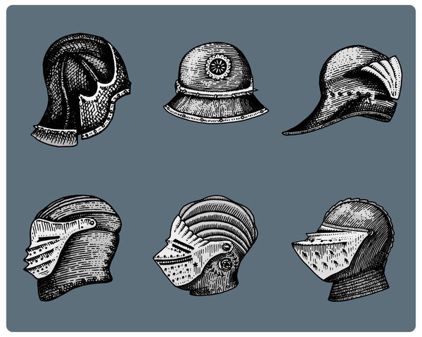 set of medieval symbols Battle Helmets for knights or kings, vintage, engraved hand drawn in sketch or wood cut style, old looking retro roman.